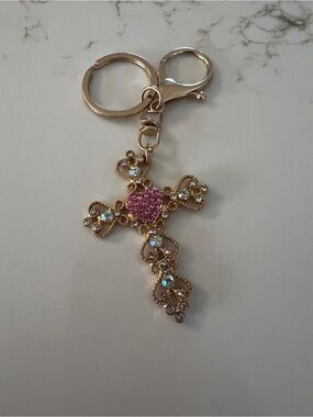 Gold-Tone Cross Keychain with Pink and Clear Rhinestones NWOT